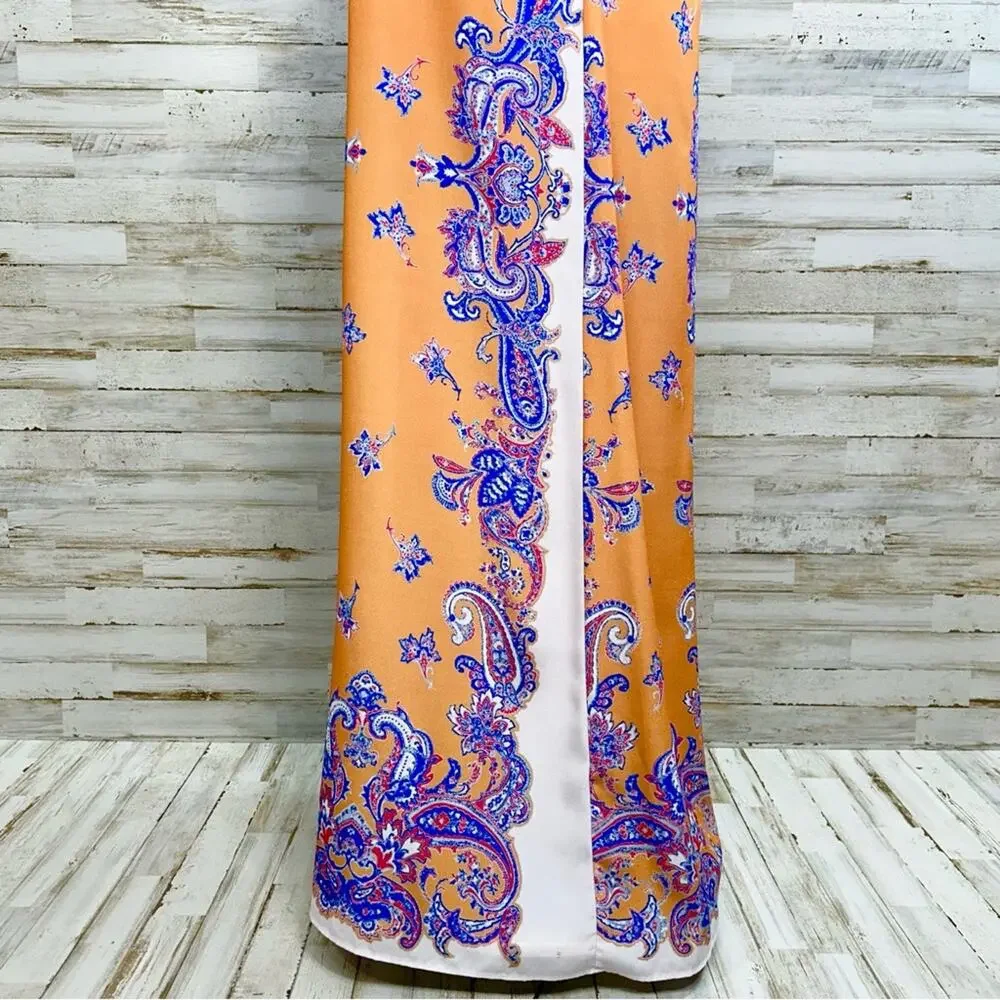 Clover Canyon Halter Scarf Maxi Dress Size S Mustard Gold Blue Sleeveless - Picture 7 of 14